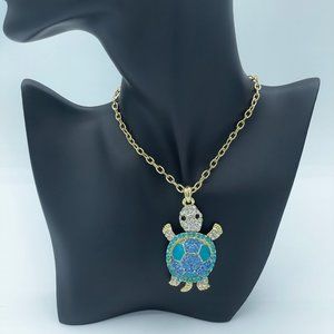 14K Gold Plated Cubic Zirconia Jewelry Long Necklace with Blue Turtle Pendant